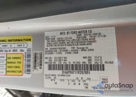 2015 Ford Fusion Se from USA, damaged, VIN 3FA6P0H71FR207891